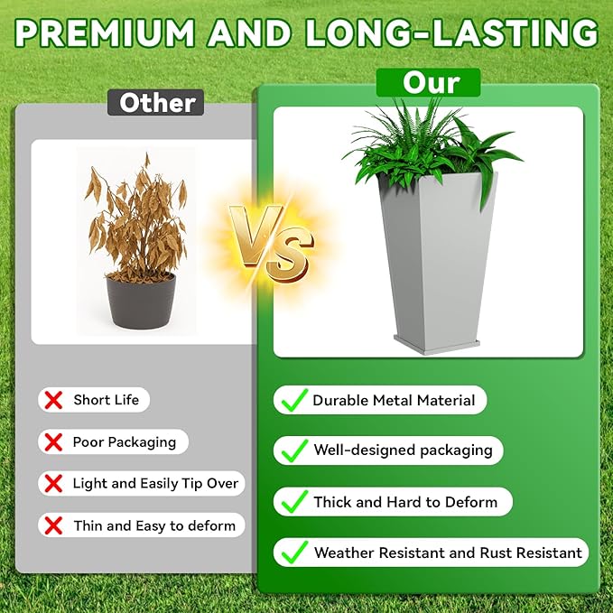 POOAMY Metal Planter 2 Pack, 15L x 15W x 30H, Heavy Duty Tall Planters for Outdoor Plants, Planters with Removable Insert Shelf, Large Planters with Drainage Holes for Porch, Patio, Grey
