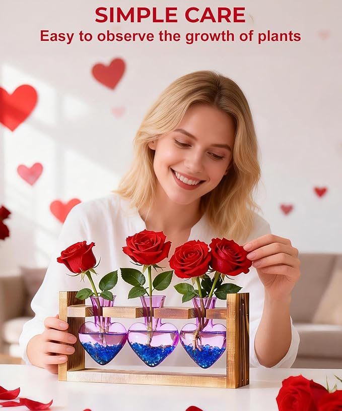 Nacome Plant Terrarium Propagation Stations: Valentines Day Gifts for Her Plant Lovers Women Mom Wife Daughter - 3 Bulb Glass Vase with Wooden Stand Tabletop for Hydroponics Indoor Home Decor(Purple)