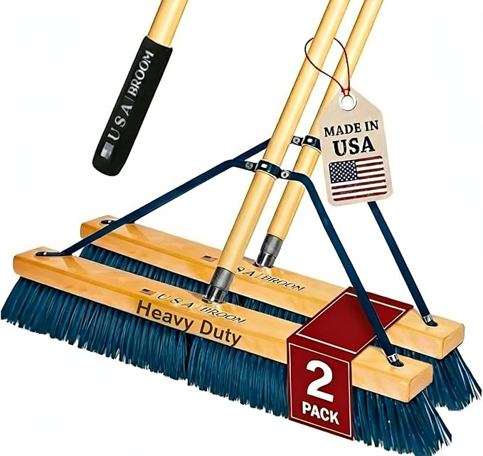 2-Pack - 24" Heavy Duty Outdoor Push Broom with 60" Handle. Ideal for Asphalt, Concrete & Heavy Debris. Durable American Made Steel Brackets-Stainless Steel Hardware. No Plastic. 100% USA Made