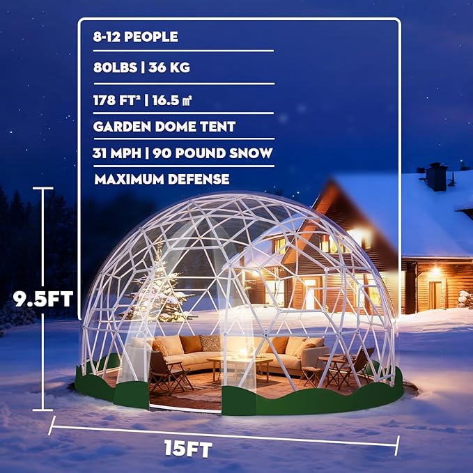 Garden Dome Tent, 9.6/12/15 ft Outdoor Clear Bubble Tent for 2-8 Person, All-Weather Geodesic Dome Greenhouse with Window & Door, PVC Transparent Tent for Patio, Camping, Party