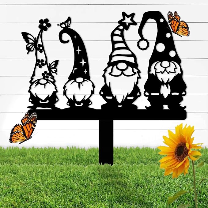 Magilab Personalized Iron Yard Stake - Christmas Cute Gnome Dwarves Decor, 8-Inch Black Metal Garden Sign for Outdoor (Style E)