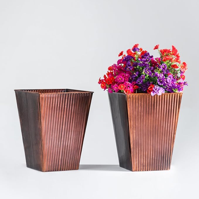 UltiTeque 18in Antique Copper Hand-Hammered Tapered Metal Planter Set of 2, 14in Dia Galvanized Steel Plant Pots with Drainage Hole & Rubber Plug for Indoor Porch Decor, Home Gardening Gift