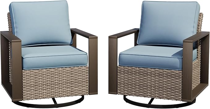 Joyside Outdoor Patio Swivel Rocker Chairs Set, 2 Pieces Wicker Rattan Chairs with Metal Wide Armrest, Thick Cushions and Deep Seating for Garden, Backyard, Porch, Deck