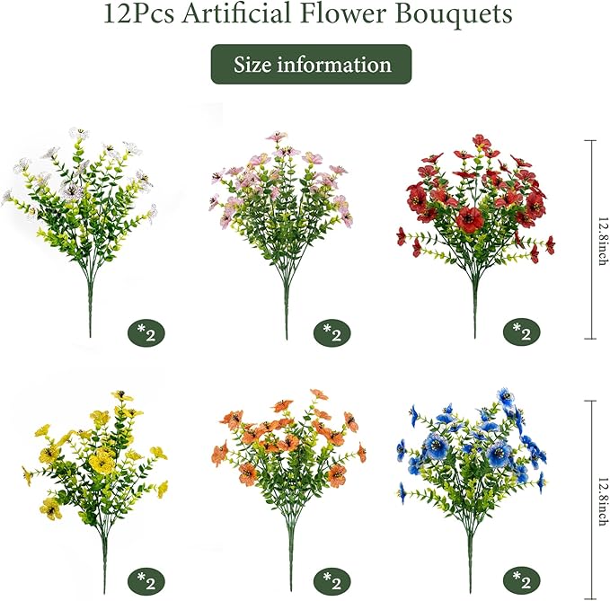 BCBLF Artificial Flowers for Outdoors, 12 Bundles Faux Outdoor Plants, Faux Fake Plants for Porch Patio Yard Planters, Outdoor Faux Flowers, White+Pink+Yellow+Orange+Blue+Red