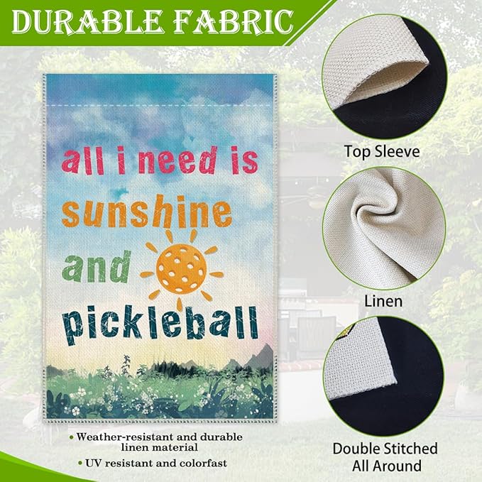 Hafhue All I Need Is Sunshine And Pickleball Garden Flag, 12 x 18 Inch Holiday Yard Outdoor Farmhouse Lawn Patio Backyard Court Side Decoration Flag, Tournament Gifts for Pickleball Lover Men Women