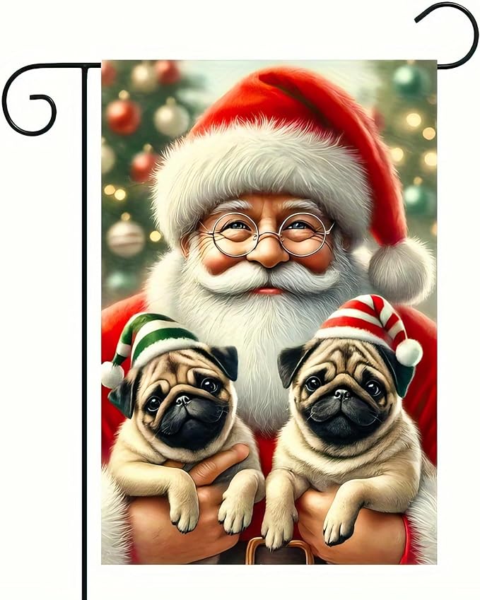 Christmas Garden Flag 12x18 Inches - Double-Sided Santa Claus with Adorable Pugs in Holiday Hats, Weatherproof Outdoor Decoration for Lawn and Garden