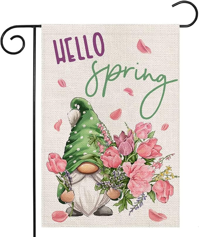 Hello Spring Garden Flag for Outside 12x18 Double Sided,Gnome with Roses Flowers Small Yard Flag, Summer Seasonal Decors for Outdoor Anniversary Wedding Farmhouse Holiday