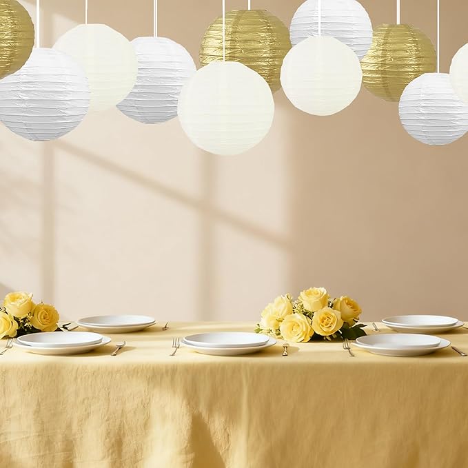 BEISHIDA Gold White Round Paper Lanterns Decorative Hanging Asia Chinese Japanese Paper Lanterns Lamp for New Year Christmas Birthday Baby Shower Wedding Home Decor Outdoor Party Decoration(12Packs)