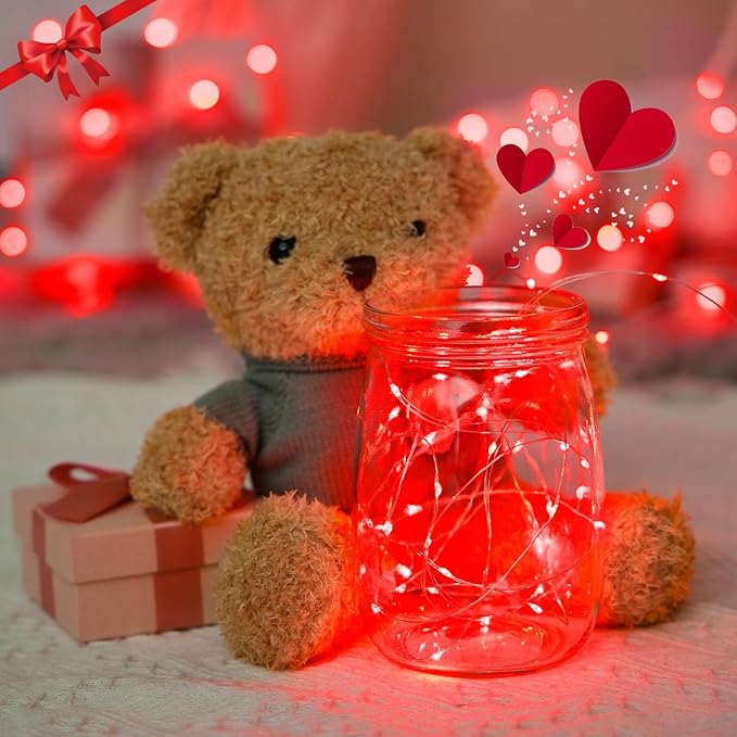 JMEXSUSS 4 Pack 50 LED Red Valentines Day Fairy Lights Battery Operated, 16.1ft Christmas Fairy Lights, Red String Lights for Bedroom Wedding Party Holiday Decorations