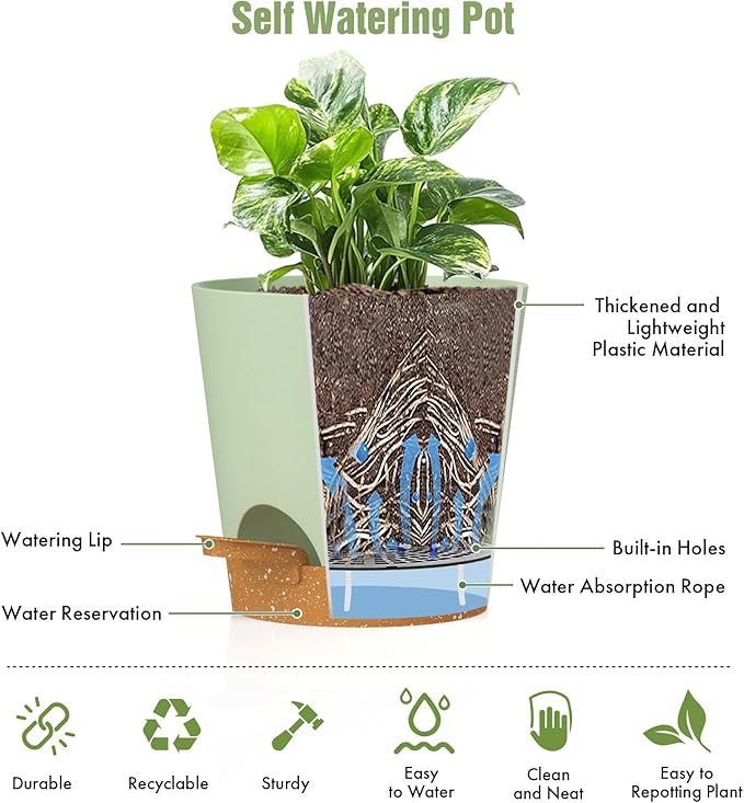 WSMKSZ 4 inch Self Watering Pots for Indoor Outdoor Plants, 6 Pack Plastic Flower Planters with Drainage Holes and Removable Saucers, Plant Pots with Wicking Rope, Modern Decor, Green Brown