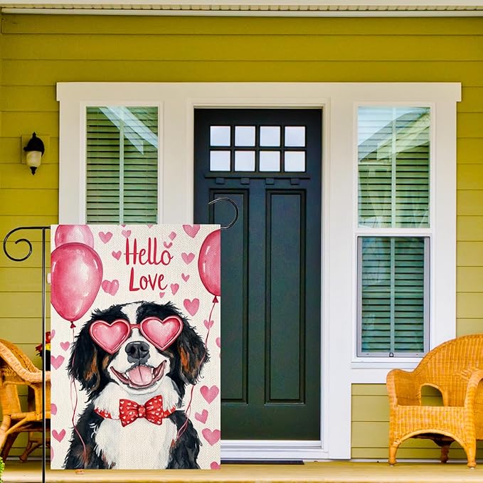 Valentine's Day Bernese Mountain Hello Love Garden Flag, House Yard Plaid Love Heart Outside Decoration, Spring Holiday Wedding Anniversary Outdoor Small Decor 12x18(12620)