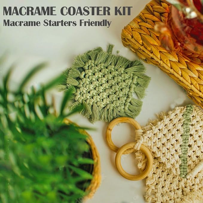Ewparts Macrame Kits for Adults Beginners to Make 4 Macrame Cup Coasters Boho Coasters Kit with Macrame Supplies Pre-Cutted Macrame Cord Pink/Blue/Grey/Sega Christmas Ornament Kits for Adults
