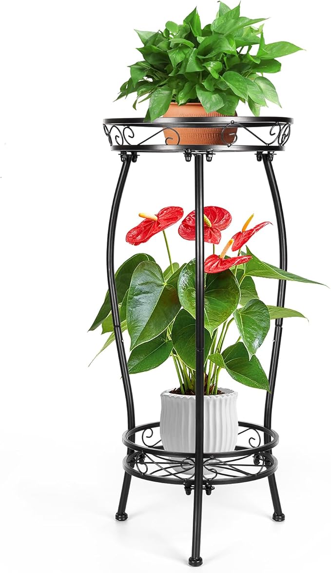 Gynyinly 2 Tier Rustproof Iron Plant Stand - Heavy Duty Outdoor Plant Stands For Patio, Balcony Or Garden Or Planter Corner - Plant Stand Indoor (Black)