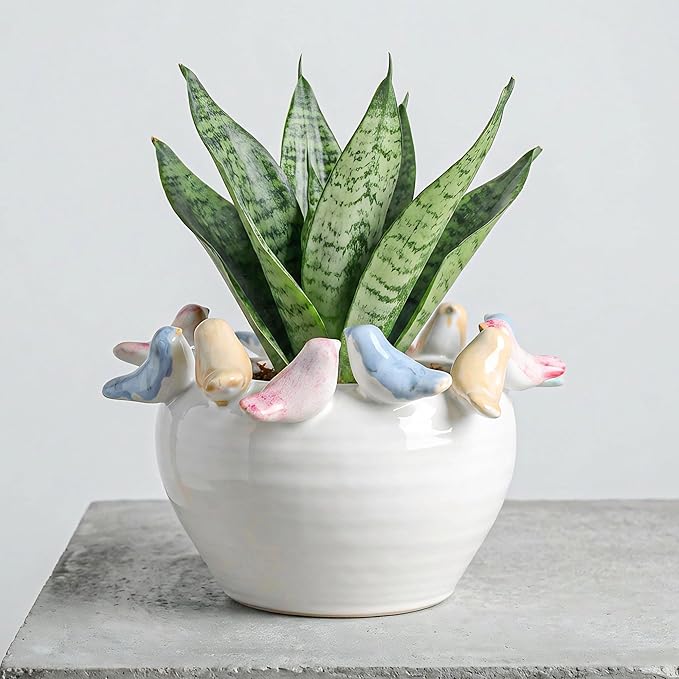 ZSHAWN Stoneware Planter with Colorful Birds on Rim, Reactive Glaze Decorative Flower Pot for Indoor Plants, Vintage Cottagecore Bird Planter, Ceramic Pot for Succulents, Tabletop Home Décor Accent
