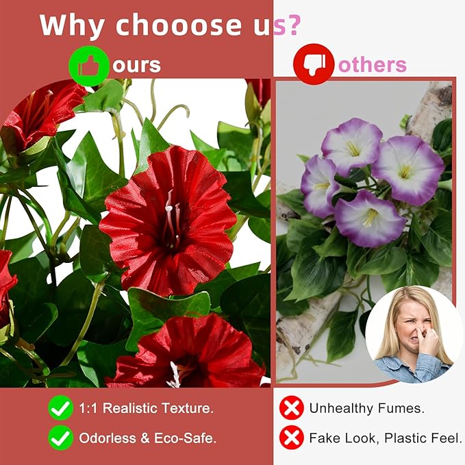 Morning Glory Artificial Hanging Flowers for Outdoors 3 Pcs Fake Petunias Flower Faux Silk Long Trailing Vines Realistic Flower for Front Door Porch Patio Balcony Garden Yard Decor (3 Pcs Red)