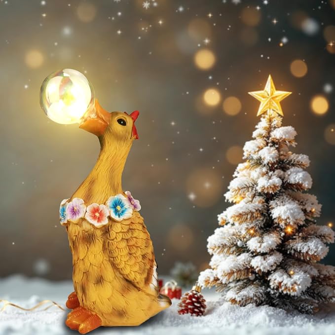Porch Goose Statue with Solar Bubble Light Garden Yellow Figurine Decor for Yard Lawn Patio Outdoor Decorations Housewarming Gifts for Mom Grandma Women