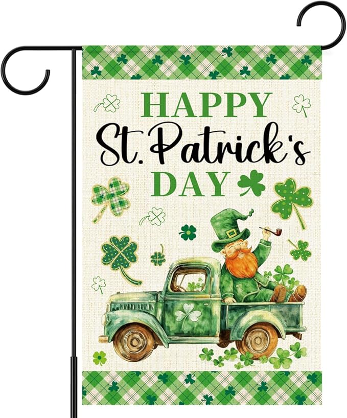 Happy St Patricks Day Garden Flag 12x18 Inch Double Sided,Leprechaun Shamrocks Truck Buffalo Plaid Outdoor Irish Decor House Porch Flag for St Patrick's Day Party and Yard Decorations