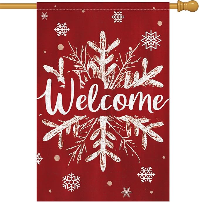 Heyfibro Christmas Welcome Garden Flag 28x40 Inch Double Sided Burlap, Winter Snowflake Yard Banner for Holiday Xmas Yard Outdoor Decoration(ONLY FLAG)