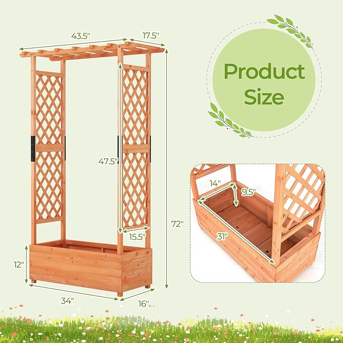 HAPPYGRILL 72" Raised Garden Bed with Trellis, Freestanding Wood Planter Box w/Hanging Roof & 2 Drainage Holes for Vine, Climbing Plants, Flowers, Outdoor Planter w/Trellis for Garden, Patio, Yard