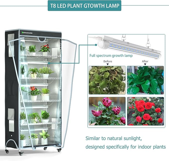 Indoor Greenhouse 6-Tier Plant Stand with Grow Lights, Fully Covered, Thermometer & Timer | 5 Sets T8 Lights, Perfect for Seedlings & Flowering, 30" W x 14" D x 72" H