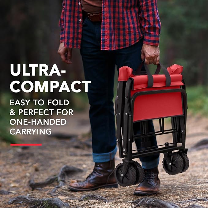 Lifetime Home Collapsible Foldable Heavy Duty Utility Wagon Cart with Larger Capacity - Perfect for Shopping, Sports Events, Grocery, Moving, Camping, Laundry, Beach - Red