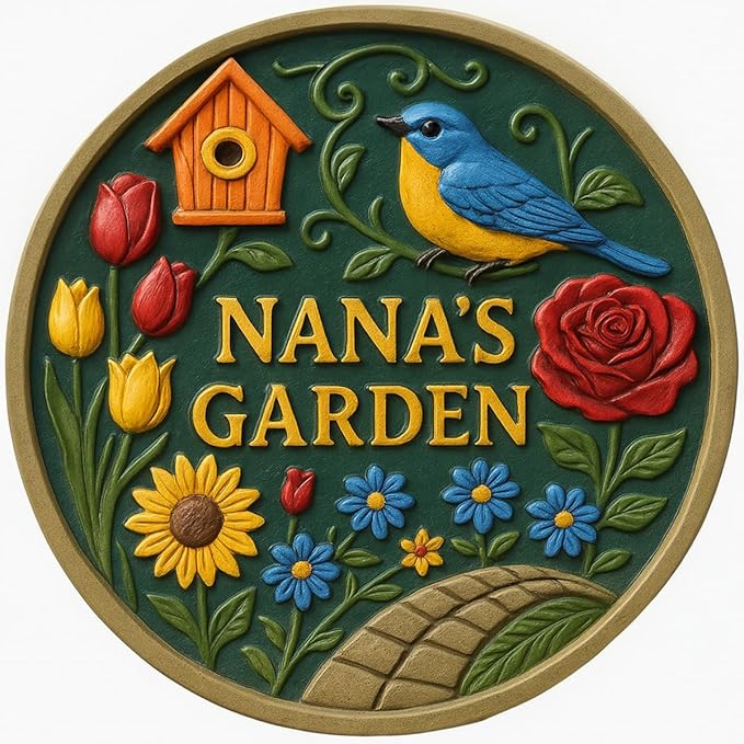 VEOJEIN Nana’s Garden Stepping Stone 9.45" – Hand-Painted Resin Garden Decor with Bird, Flowers & Path Design – Whimsical Gift for Grandma, Mother’s Day, Birthday, or Outdoor Display