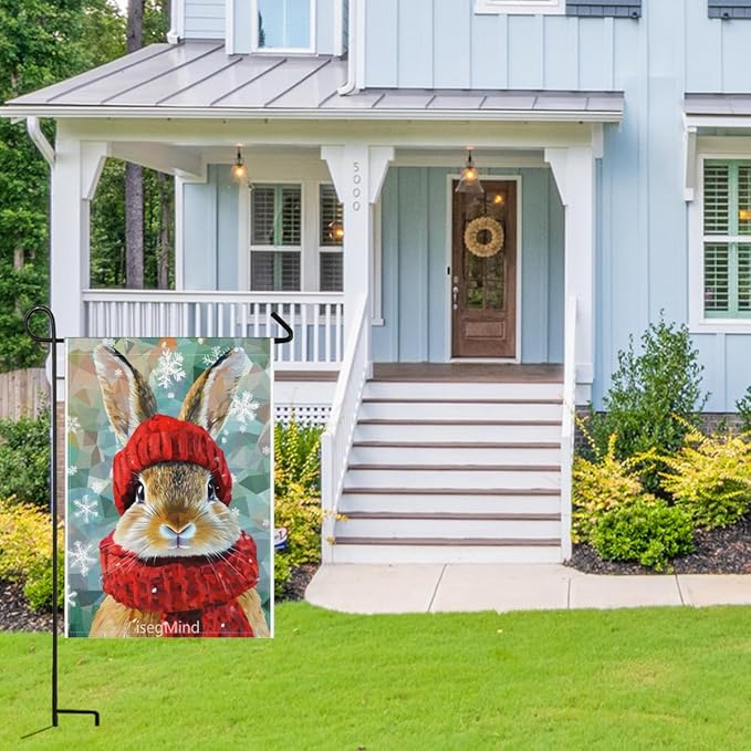 Rabbit with Red Scarf and Hat Snowflake Christmas Garden Flag, 28x40 Inch Double Sided Linen Holiday Red Winter Farmhouse Yard Outdoor Decoration (4337)