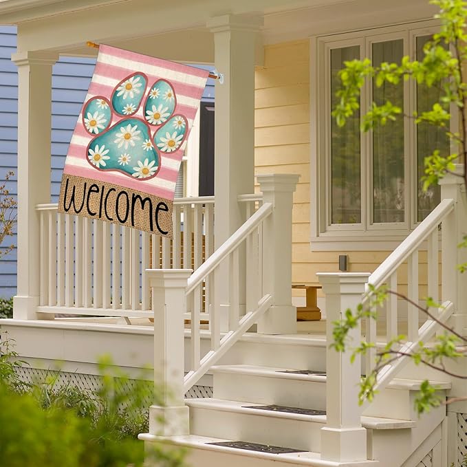 Welcome Spring House Flags for Outdoor Decoration, Dog Paw with Daisy Flowers Stripes Large Yard Flag, Decorative Summer Celebration Decor for Seasonal Farmhouse Holiday Outside 28x40 Inch