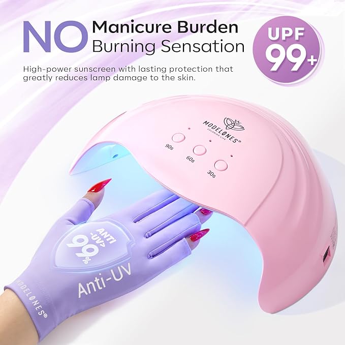 modelones UV Gloves for Gel Manicures, Professional UPF99+ Anti UV Protection Gloves for Gel Nail Lamp (Purple)