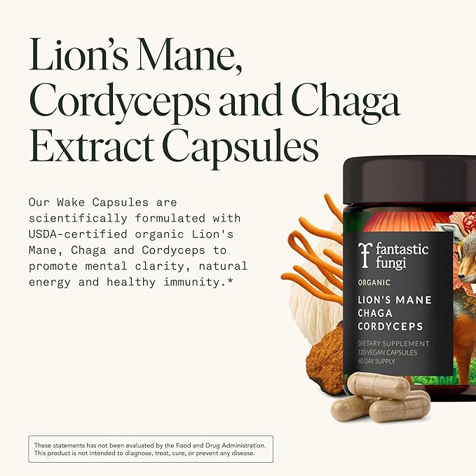 Fantastic Fungi Lions Mane Mushroom, Cordyceps Mushroom & Chaga Supplement - Focus, Energy & Brain Support Adaptogenic Capsules - 100% USDA Organic Complex, Vegan, 120 Capsules (2-Month Supply)