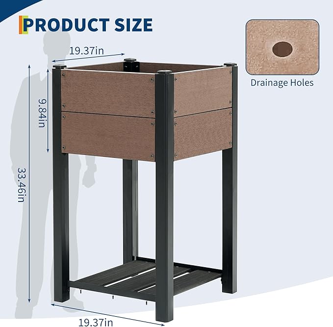 19" l x 33"h HDPE Elevated Garden Bed with Storage Shelf - Wood Grain Finish, All-Weather Standing Planter Box with Sturdy Black Aluminum Frame for Vegetables, Herbs on Patio, Balcony & Outdoors
