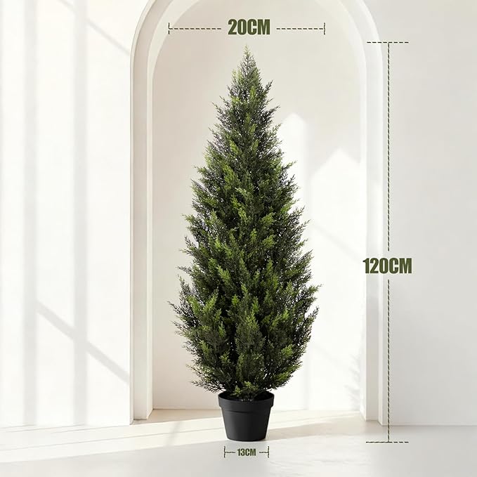 ZEEOZE 4FT Artificial Cedar Topiary Trees (2 Pack) - UV Resistant Faux Evergreen Shrubs Extra Dense Foliage Realistic Fake Pine Cypress Plants Easy Assembly for Front Porch Garden Indoor Office Decor