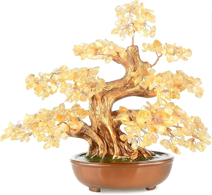 MASGEMES Citrine Chakra Tree Bonsai – Handmade Crystal Tree of Life with Natural Gemstones(360 Large Beads),Healing Crystal Office Decor for Good Luck & Positive Energy 8"