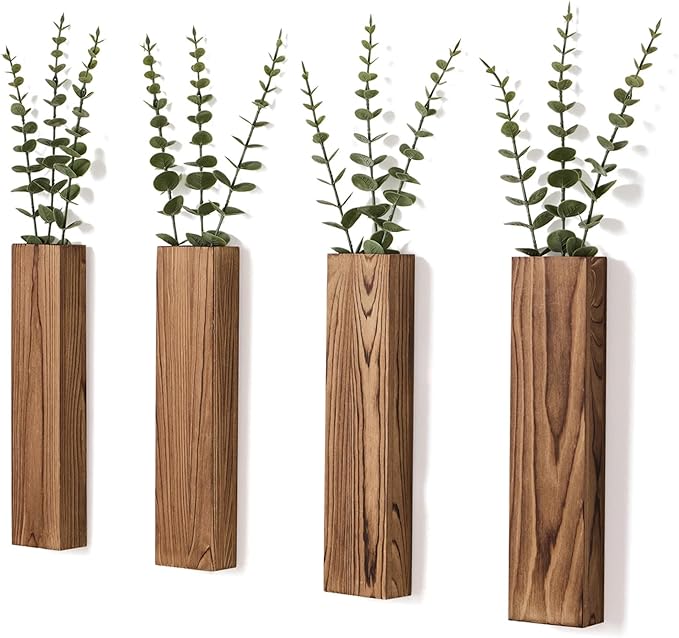 4 Pack Wooden Wall Planters with Fake Eucalyptus Stems, Modern Farmhouse Wood Vases Plants Wall Decor for Living Room, Bedroom, Bathroom (Dark Brown)