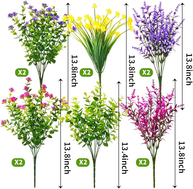 KLEMOO 12 Bundles Outdoor Artificial Fake Flowers UV Resistant No Fade Boxwood Faux Plastic Shrubs Plants for Garden Patio Porch Window Box Home Wedding Farmhouse Hanging Décor
