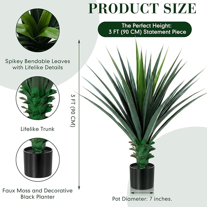 Giegxin 1 Piece 3ft Tall Artificial Spiked Agave Plant Potted Faux Agave Plants 35'' UV Resistant Large Realistic Artificial Greenery Outdoor Indoor for Housewarming Gift House Garden Bathroom