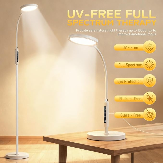 Light Therapy Lamp, 11000 Lux UV-Free Floor Lamp, Full Spectrum LED Sunlight with Touch Remote Control, Adjustable 7 Color Temperatures 9 Brightness Levels for Office Living Room Reading White