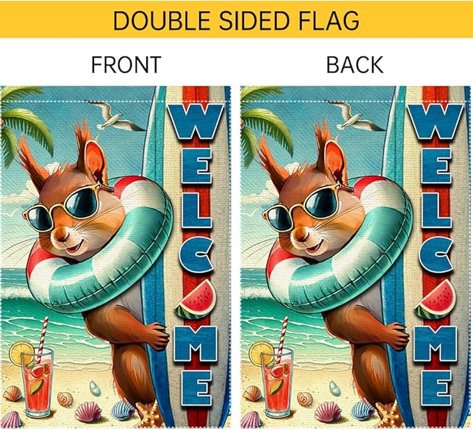 Welcome Garden Flag Double Side Burlap beach Surfboards Squirrel Summer Garden Flags Home Outdoor Yard Lawn Coastal Decorations(RMQ-479D, 28"X40")