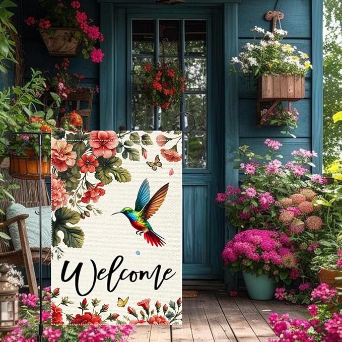 Welcome Hummingbird Garden Flag Outdoor Decor 12x18 Inch Double Sided Small Burlap Yard Outside Lawn Patio Rustic Farmhouse Seasonal Wildflowers Spring Summer Flags Decorations