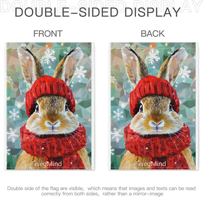 Rabbit with Red Scarf and Hat Snowflake Christmas Garden Flag, 28x40 Inch Double Sided Linen Holiday Red Winter Farmhouse Yard Outdoor Decoration (4337)