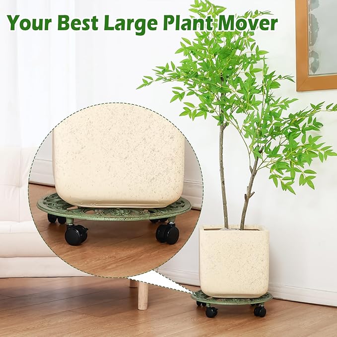 3 Packs 14 Inch Rolling Plant Stand with Wheels Metal Plant Caddy with Wheels Heavy Duty Round Plant Stand Indoor Iron Plants Rollers for Plants, Plant Dolly Retro Green