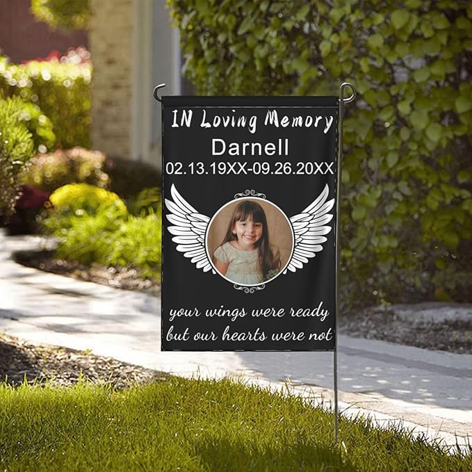 Custom Memorial Flag Personalized Garden Flag for Cemetery in Loving Memory with Photo Name Date Memory Garden Flags For Loss of Loved One Lawn Outdoor Double Sided Yard Flags (Memorial Funeral Flags 2, 12x18(in))