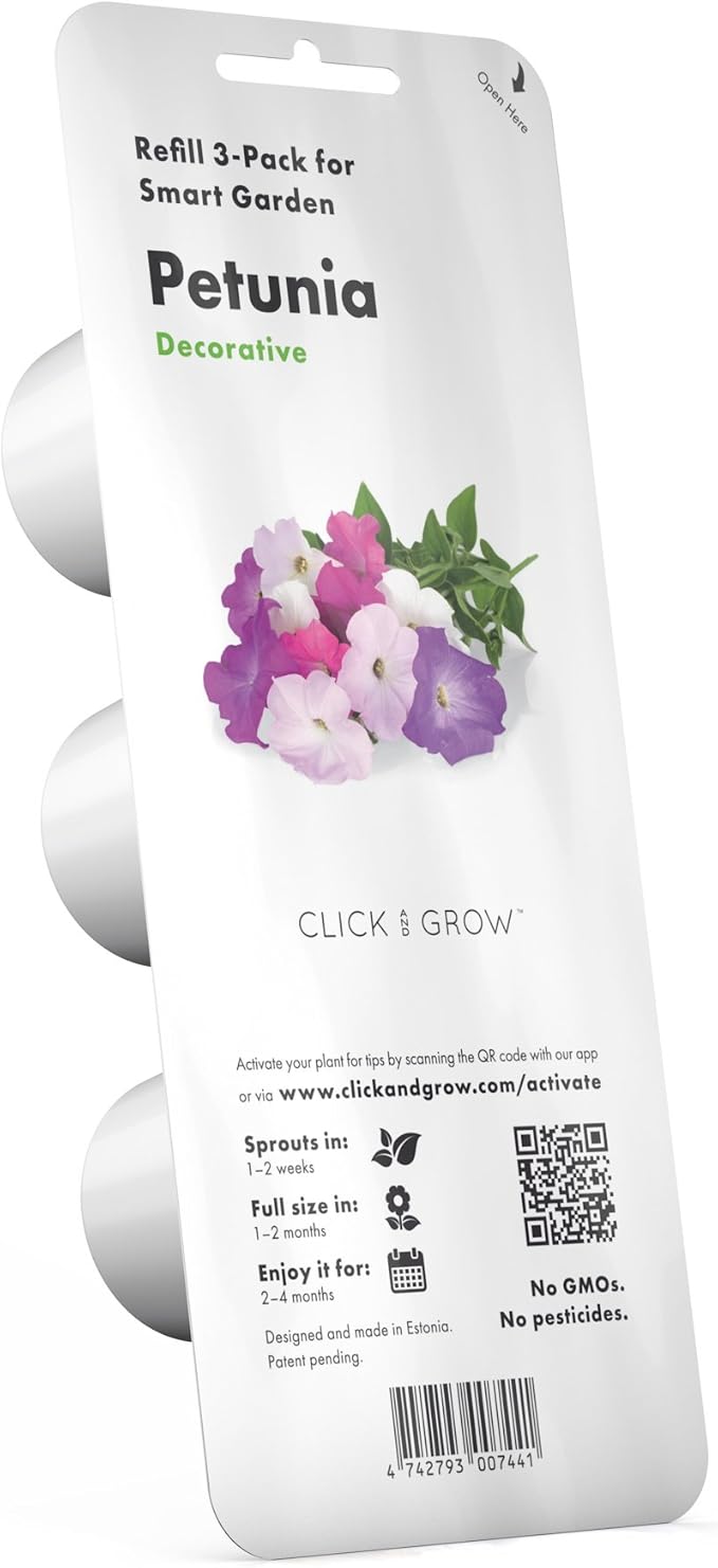 Mini Smart Planter Kit with Petunia Plant Pods by Click&Grow, Hydrovase Indoor Garden, Self-Watering Pot with Grow Light (White)
