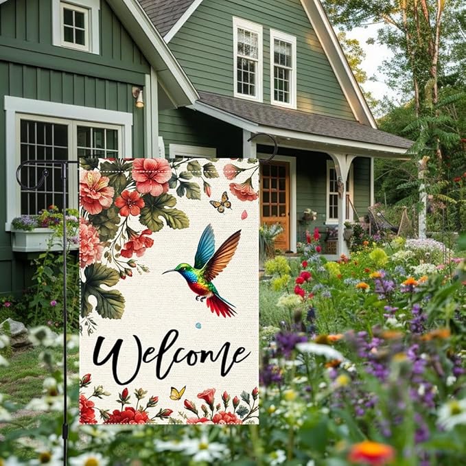 Welcome Hummingbird Garden Flag Outdoor Decor 12x18 Inch Double Sided Small Burlap Yard Outside Lawn Patio Rustic Farmhouse Seasonal Wildflowers Spring Summer Flags Decorations