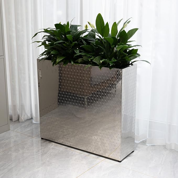 CYC Luxury Sliver 30"H x 34"W x 10"D Stainless Steel Rectangular Tall Large Planter Box with Mirror Etching No Coating for Indoor or Outdoor Patio/Porch, Modern Décor for Tall Plants, Trees, Flowers