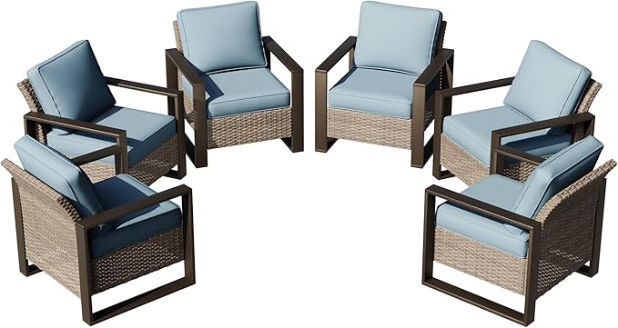 Joyside Outdoor Patio Chairs Set, 6 Pieces Wicker Rattan Chairs with Metal Wide Armrest, Thick Cushions and Deep Seating for Garden, Backyard, Porch, Deck