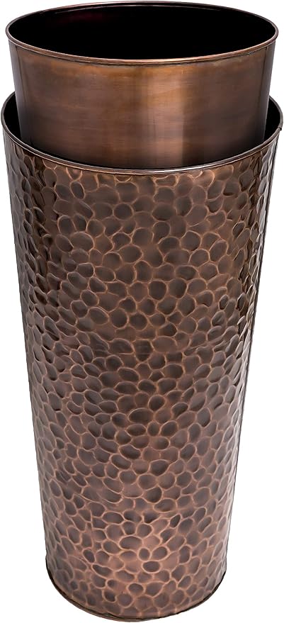 H Potter Tall Copper Planter Indoor Outdoor – 28” Antique Copper Hammered Metal Garden Planter with Insert & Drainage, Includes Drip Tray – Large Decorative Floor Planter for Entryway, Porch, Patio