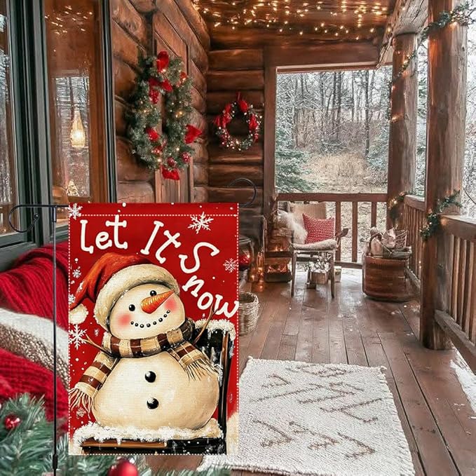 Christmas Snowman Garden Flag 12x18 Inch Double Sided Burlap Holiday Yard Decoration Santa Hat and Scarf Snowflake Design Outdoor Welcome Banner
