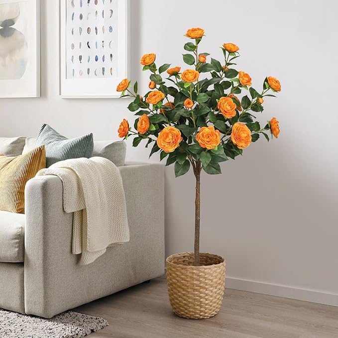 4ft Artificial Camellia Tree Fake Camellia Plant with Orange Flowers Faux Floral Plant Blooming Tree in Black Pot for Indoor Outdoor Office Home Front Door Porch Decor (2 Pack - Orange)