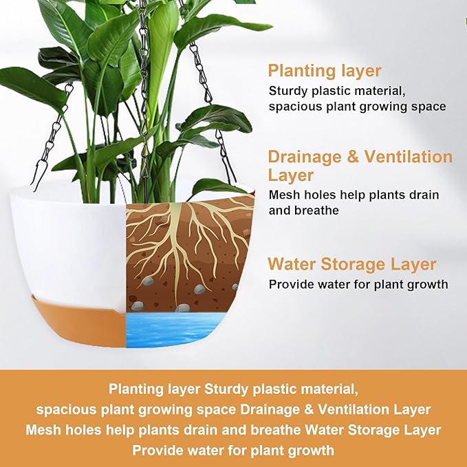 KPUVX 10 inch Hanging Planters Self Watering Pots for Indoor Plants, 3 Pack Plastic Hanging Basket with Removable Tray for Home Garden Porch Balcony Patio Decor (White)